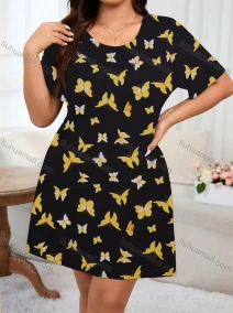 Wholesale Women's Milk Silk Butterfly Print Short Sleeve Crew Neck Lounge Short Nightgown DM1308-03#, LIUHUA CLOTHING WHOLESALE