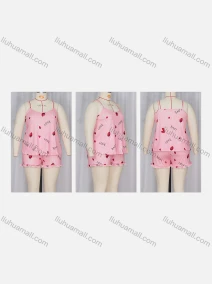 Wholesale Women's Lounge Milk Silk Sleeveless Letter Heart Print Cami Tops & Ruffle Hem Shorts Pajamas Sets DM2106-01#, LIUHUA CLOTHING WHOLESALE