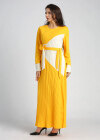 Wholesale Women's Casual Long Sleeve Round Neck Colorblock Pleated Maxi Dress With Belt - Liuhuamall