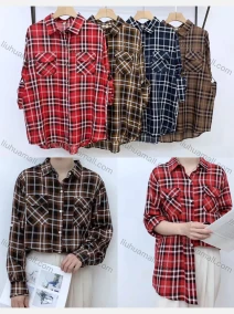 Wholesale Women's Collared Loose Fit Plaid Print Flap Pockets Long Sleeve Shirt 20126#, LIUHUA CLOTHING WHOLESALE