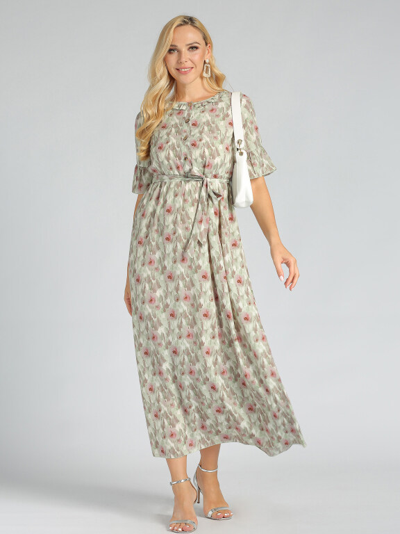 Women's Casual Floral Painting Button Belted Maxi Dress, Clothing Wholesale Market -LIUHUA, Floral%20Dress