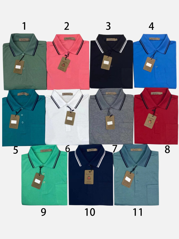 Men's Casual Plain Short Sleeve Striped Trim Patch Pocket Polo Shirts, Clothing Wholesale Market -LIUHUA, 