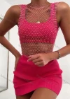 Wholesale Women's Sexy Elastic Fishnet Diamond Decor Plain Crop Cover Up Top - Liuhuamall