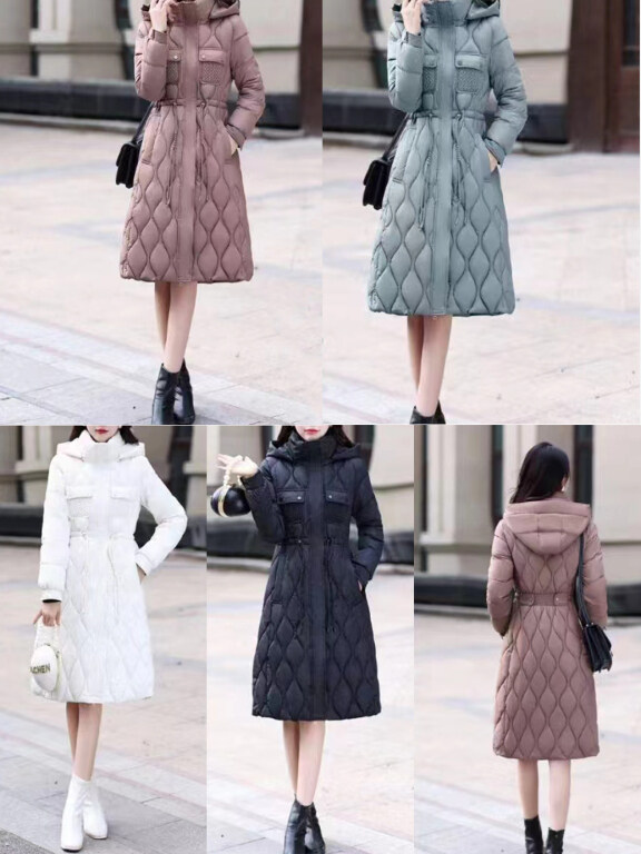 Women's Casual Hooded Long Sleeve High Waist Thermal Pockets Puffer Coat 8826#, Clothing Wholesale Market -LIUHUA, 