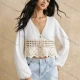 Wholesale Women's Cropped Blouse with Long Sleeves and Lace Detail at Hem White Clothing Wholesale Market Liuhua