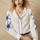 Wholesale Women's Embroidered Button Up Blouse with Long Sleeves and Ruffled Collar White Clothing Wholesale Market Liuhua