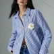 Wholesale Women's Striped Button Up Shirt with Long Sleeves and Open Back Design Blue Clothing Wholesale Market Liuhua