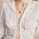 Wholesale Women's Lace up Semi-Sheer Long Sleeve Top With Embroidered Design White Clothing Wholesale Market Liuhua