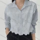 Wholesale Women's Elegant Crop Long Sleeve Shirt With Eyelet Lace & Wavy Hem Design Light Blue Clothing Wholesale Market Liuhua