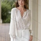 Wholesale Women's Long Sleeve Semi-Sheer Button Closure Shirt With Wave Design White Clothing Wholesale Market Liuhua