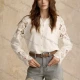 Wholesale Women's Lace Detail Button Up Shirt Relaxed Fit with Floral Lace Sleeves Beige Clothing Wholesale Market Liuhua