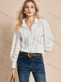 Wholesale Women's Ruffled Button Up Blouse with Puff Sleeves and Decorative Lace Details, LIUHUA CLOTHING WHOLESALE