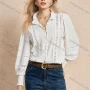 Wholesale Women's Ruffled Button Up Blouse with Puff Sleeves and Decorative Lace Details preview