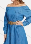 Wholesale Women's Casual Off Shoulder Flap Pocket Demin Dress With Belt - Liuhuamall