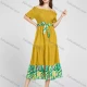 Wholesale Women's Casual Off Shoulder Abstract Print Splicing High Waist Shirred Short Sleeve Midi Dress With Belt A6# 16# Clothing Wholesale Market Liuhua