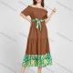 Wholesale Women's Casual Off Shoulder Abstract Print Splicing High Waist Shirred Short Sleeve Midi Dress With Belt A6# 17# Clothing Wholesale Market Liuhua