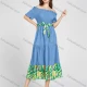 Wholesale Women's Casual Off Shoulder Abstract Print Splicing High Waist Shirred Short Sleeve Midi Dress With Belt A6# 3# Clothing Wholesale Market Liuhua