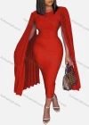 Wholesale Women's Plain Round Neck Pleated Shawl Sleeve Bodycon Cocktail Midi Dress - Liuhuamall