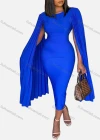 Wholesale Women's Plain Round Neck Pleated Shawl Sleeve Bodycon Cocktail Midi Dress - Liuhuamall