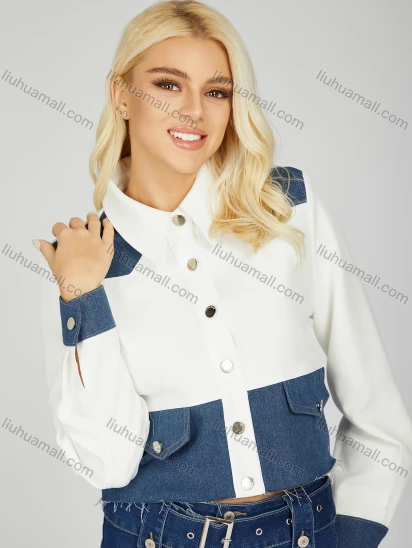 Wholesale Women's Fashion Colorblock Collared Button Down Fake Pocket Long Sleeve Frayed Raw Hem Denim Shirt
