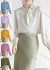 Wholesale Women's Casual Long Sleeve Tie Neck Ruched Button Down Plain Shirt - Liuhuamall