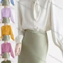 Wholesale Women's Casual Long Sleeve Tie Neck Ruched Button Down Plain Shirt preview