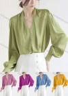 Wholesale Women's Elegant V Neck Bishop Sleeve Pearl Decor Ruched Plain Blouse - Liuhuamall