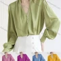 Wholesale Women's Elegant V Neck Bishop Sleeve Pearl Decor Ruched Plain Blouse preview
