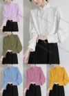 Wholesale Women's Elegant Scallop Edge Mock Neck Long Sleeve Pearl Button Ruched Pleated Plain Blouse - Liuhuamall