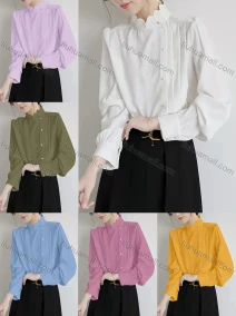 Wholesale Women's Elegant Scallop Edge Mock Neck Long Sleeve Pearl Button Ruched Pleated Plain Blouse, LIUHUA CLOTHING WHOLESALE