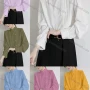 Wholesale Women's Elegant Scallop Edge Mock Neck Long Sleeve Pearl Button Ruched Pleated Plain Blouse preview