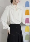 Wholesale Women's Elegant Keyhole Neck Bishop Sleeve Pearl Decor Ruched Plain Blouse 982674# - Liuhuamall