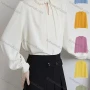 Wholesale Women's Elegant Keyhole Neck Bishop Sleeve Pearl Decor Ruched Plain Blouse 982674# preview
