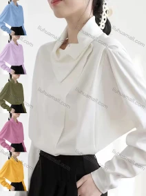 Wholesale Women's Casual Batwing Sleeve Asymmetrical Neck Ruched Side Flap Button Down Plain Blouse, LIUHUA CLOTHING WHOLESALE