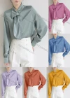 Wholesale Women's Casual Long Sleeve Asymmetrical Neck Button Down Plain Shirts 077955# - Liuhuamall