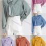 Wholesale Women's Casual Long Sleeve Asymmetrical Neck Button Down Plain Shirts 077955# preview
