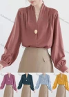 Wholesale Women's Casual Long Sleeve V Neck One Button Ruched Plain Shirts - Liuhuamall