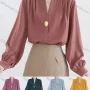 Wholesale Women's Casual Long Sleeve V Neck One Button Ruched Plain Shirts preview