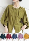 Wholesale Women's Casual Crew Neck 3/4 Sleeve Ruched Button Down Plain Blouse - Liuhuamall
