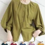 Wholesale Women's Casual Crew Neck 3/4 Sleeve Ruched Button Down Plain Blouse preview