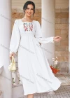 Wholesale Women's Casual Lace Trim Embroidery Shirred Long Sleeve Ruffle Hem Midi Dress ZT3003# - Liuhuamall