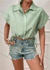 Wholesale Woman's Casual Shirt Collar Short Sleeve Button Front Drawstring Crop Top - Liuhuamall