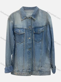 Wholesale Women's Casual Collared Flap Pockets Patches Beaded Button Down Distressed Denim Jacket, LIUHUA CLOTHING WHOLESALE