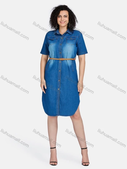 Wholesale Women's Casual Collared Short Sleeve Button Down Belted Wash Denim Shirt Dress 84300#