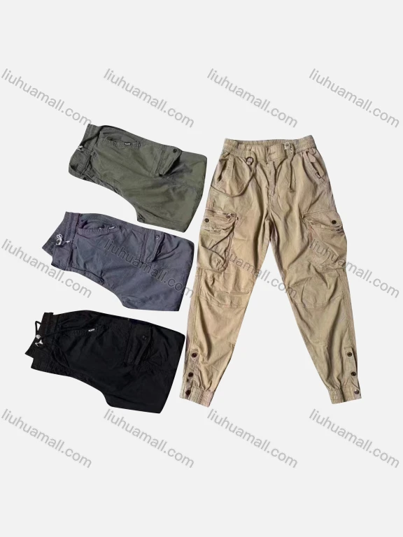 Wholesale Men's Casual Plain Flap Pockets Button Hem Drawstring Cargo Pant 512#