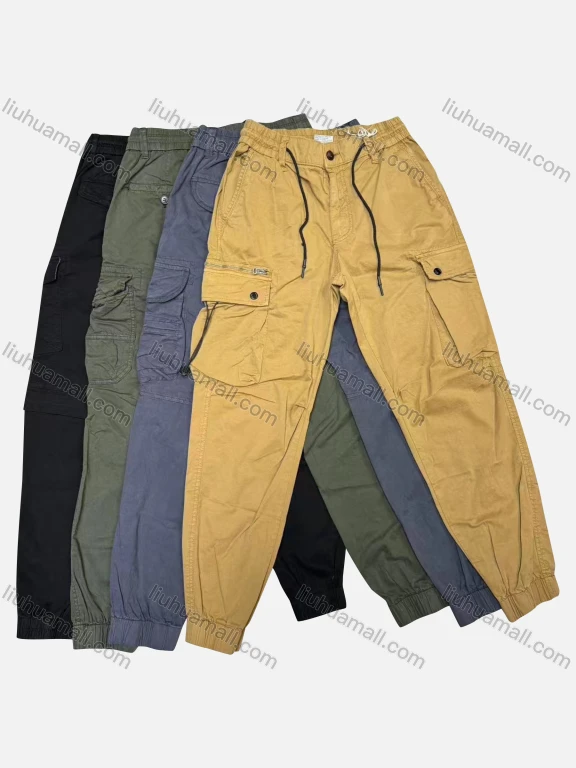 Wholesale Men's Casual Plain Flap Pockets Zip Decor Drawstring Cargo Pant 508#