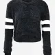 Women's V-Neck Black-White Striped Rib-Knit Crop Sweater Black Clothing Wholesale Market -LIUHUA