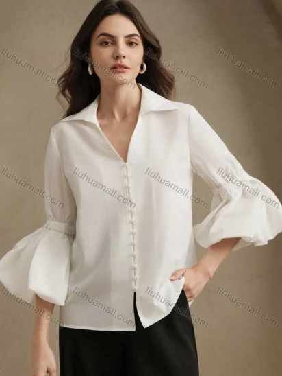 Wholesale Women's White Blouse with Bell Sleeves and Front Button Detail