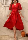 Wholesale women's Casual Plain Wrap V Neck Short Sleeve Wrap Hem Midi Dress With Belt - Liuhuamall