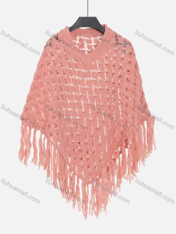 Wholesale Women's V Neck Plain Knitted Hollow Out Tassel Fringe Trim Poncho 80076#
